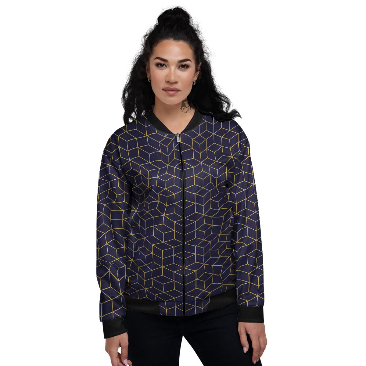 Cube Shape Black Geometric Print Pattern Women's Bomber Jacket-grizzshop