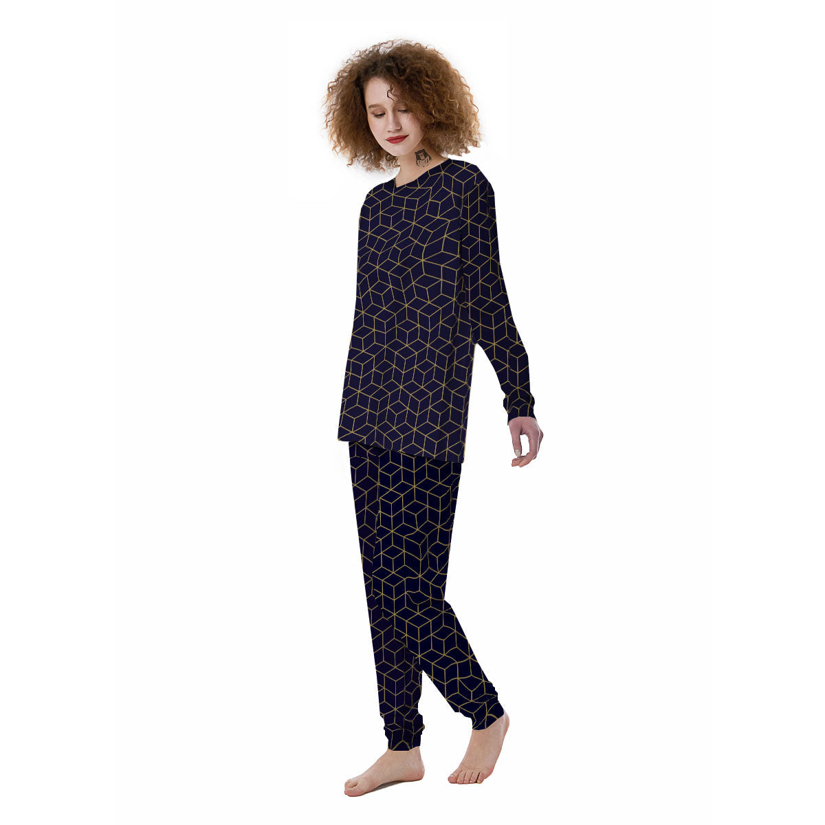 Cube Shape Black Geometric Print Pattern Women's Pajamas-grizzshop
