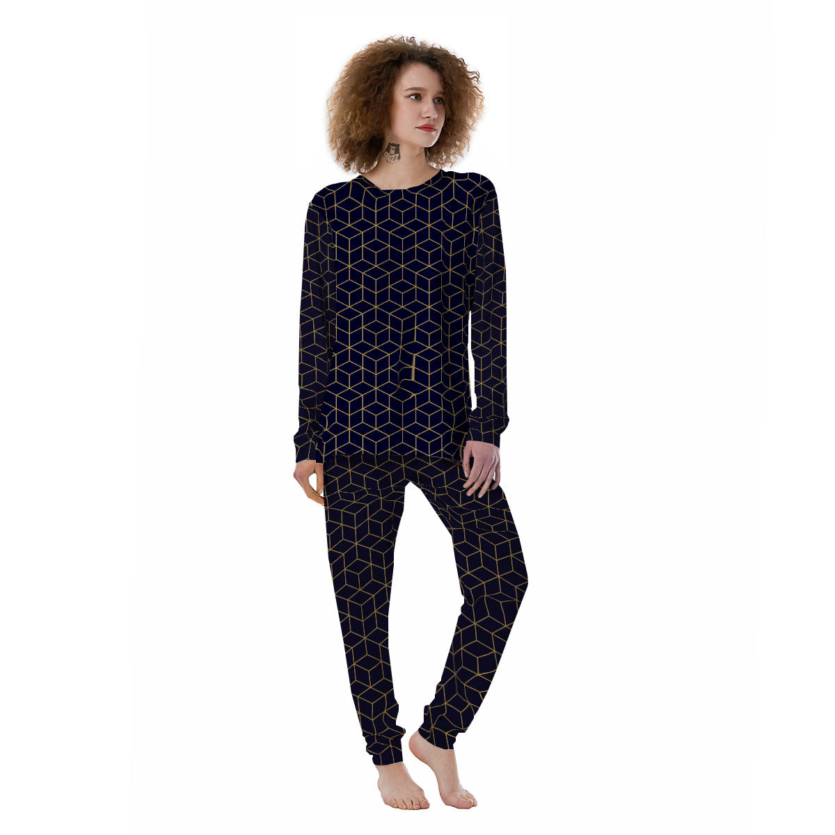 Cube Shape Black Geometric Print Pattern Women's Pajamas-grizzshop