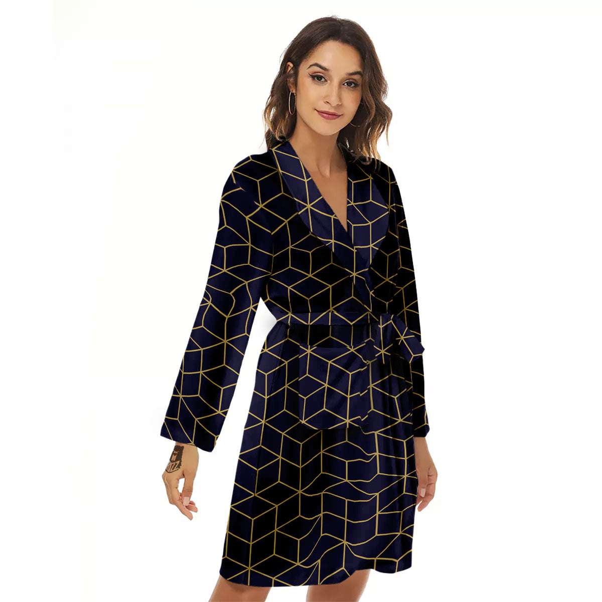 Cube Shape Black Geometric Print Pattern Women's Robe-grizzshop
