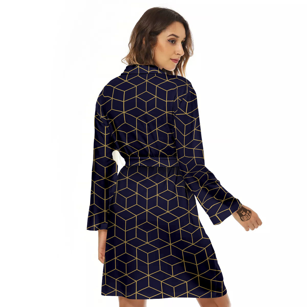 Cube Shape Black Geometric Print Pattern Women's Robe-grizzshop
