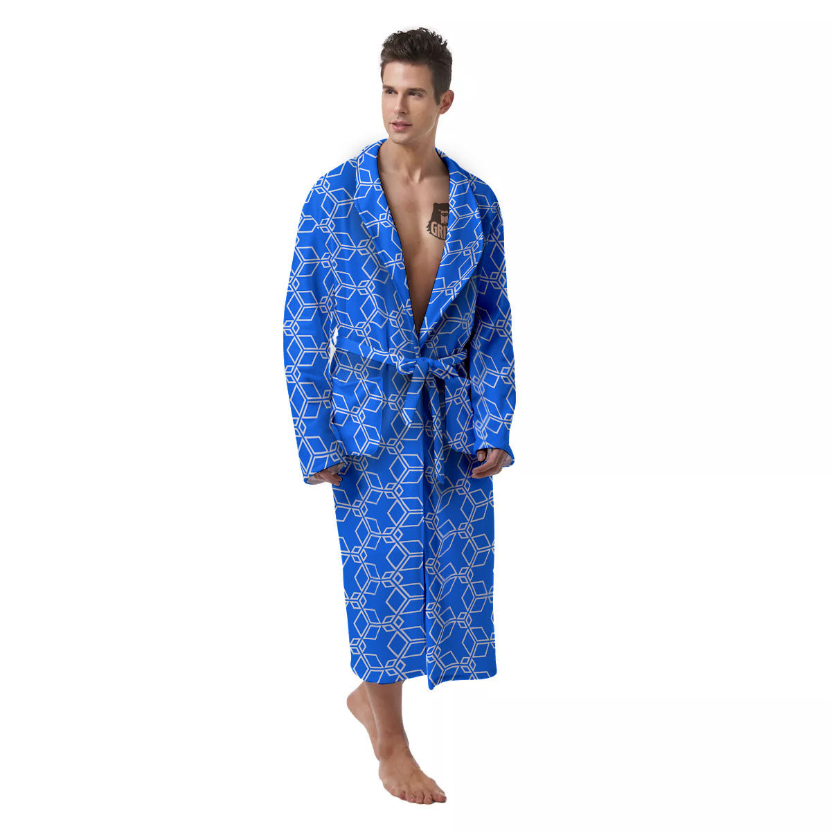 Cube Shape Blue Geometric Print Pattern Men's Robe-grizzshop