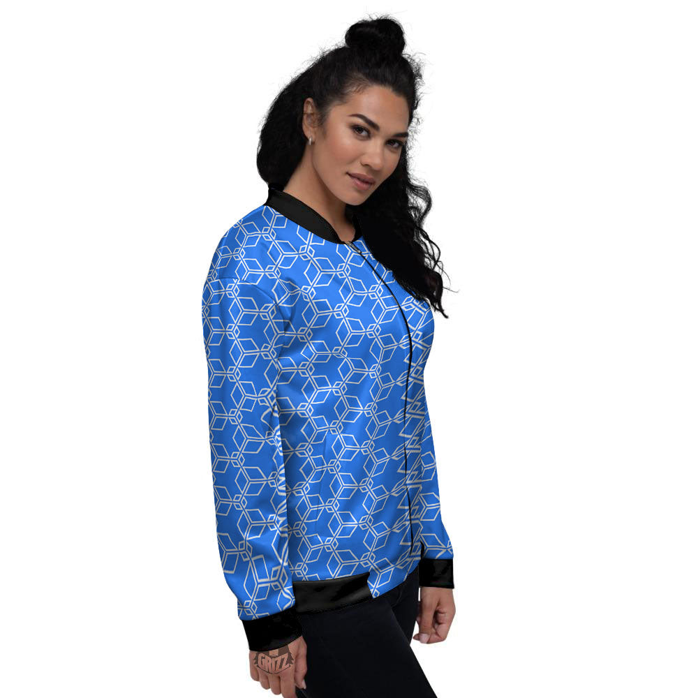 Cube Shape Blue Geometric Print Pattern Women's Bomber Jacket-grizzshop