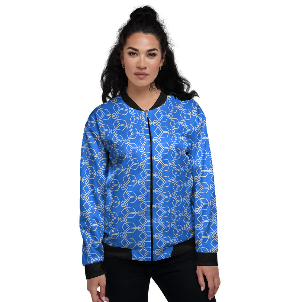 Cube Shape Blue Geometric Print Pattern Women's Bomber Jacket-grizzshop