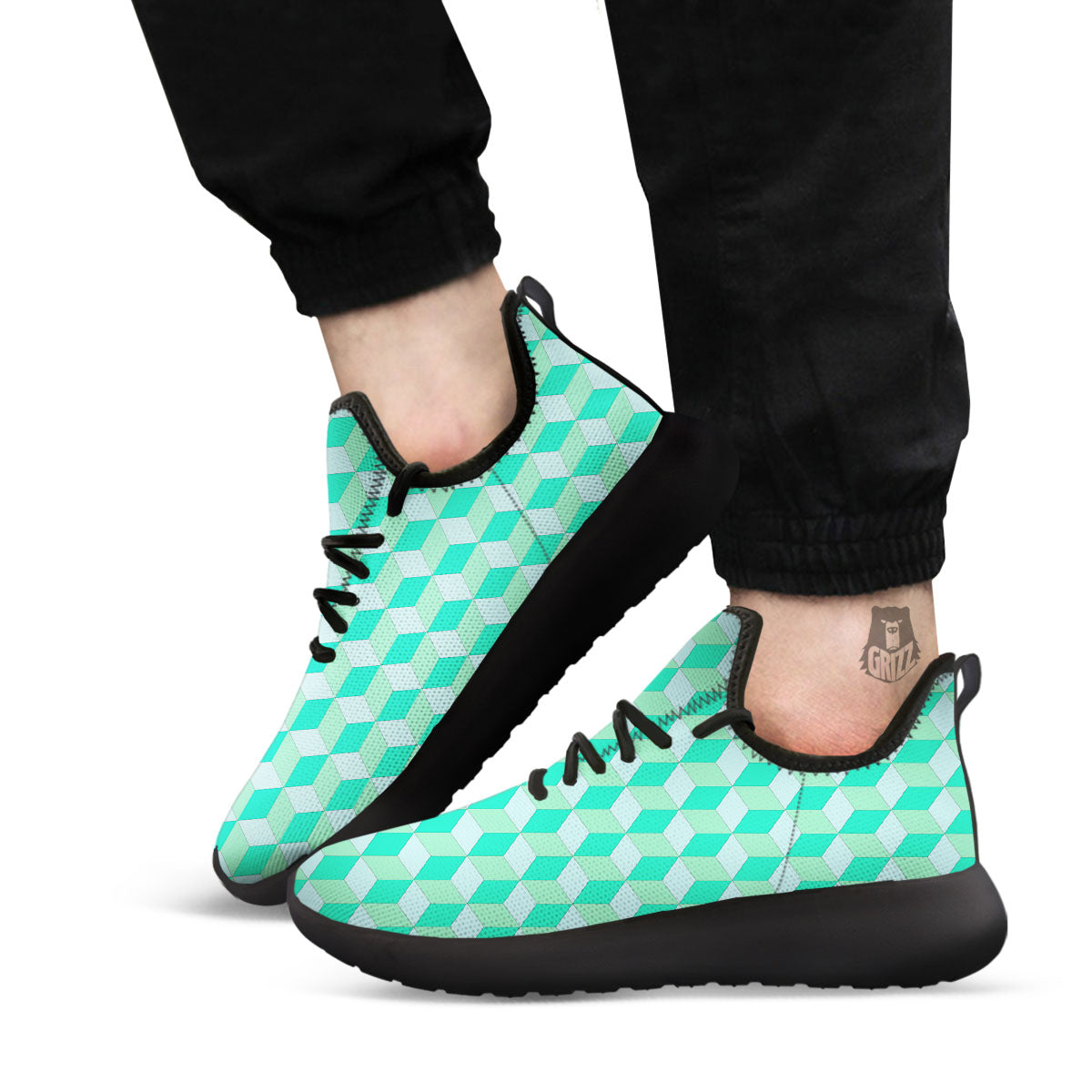 Cube Shape Green Geometric Print Pattern Black Athletic Shoes-grizzshop