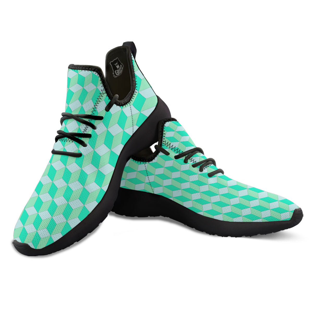 Cube Shape Green Geometric Print Pattern Black Athletic Shoes-grizzshop