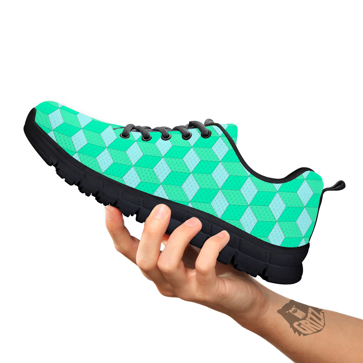 Cube Shape Green Geometric Print Pattern Black Sneaker-grizzshop
