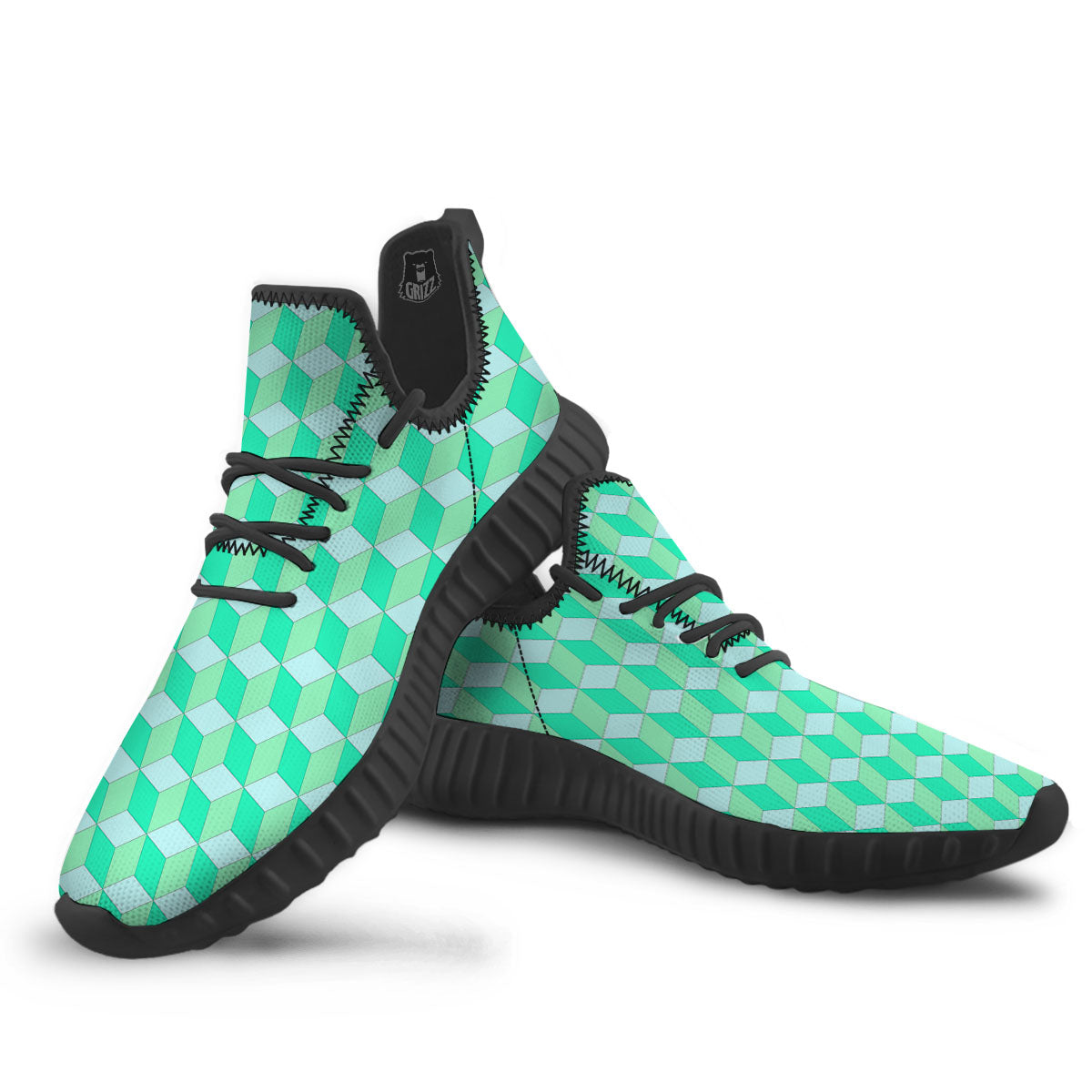 Cube Shape Green Geometric Print Pattern Black Walking Shoes-grizzshop