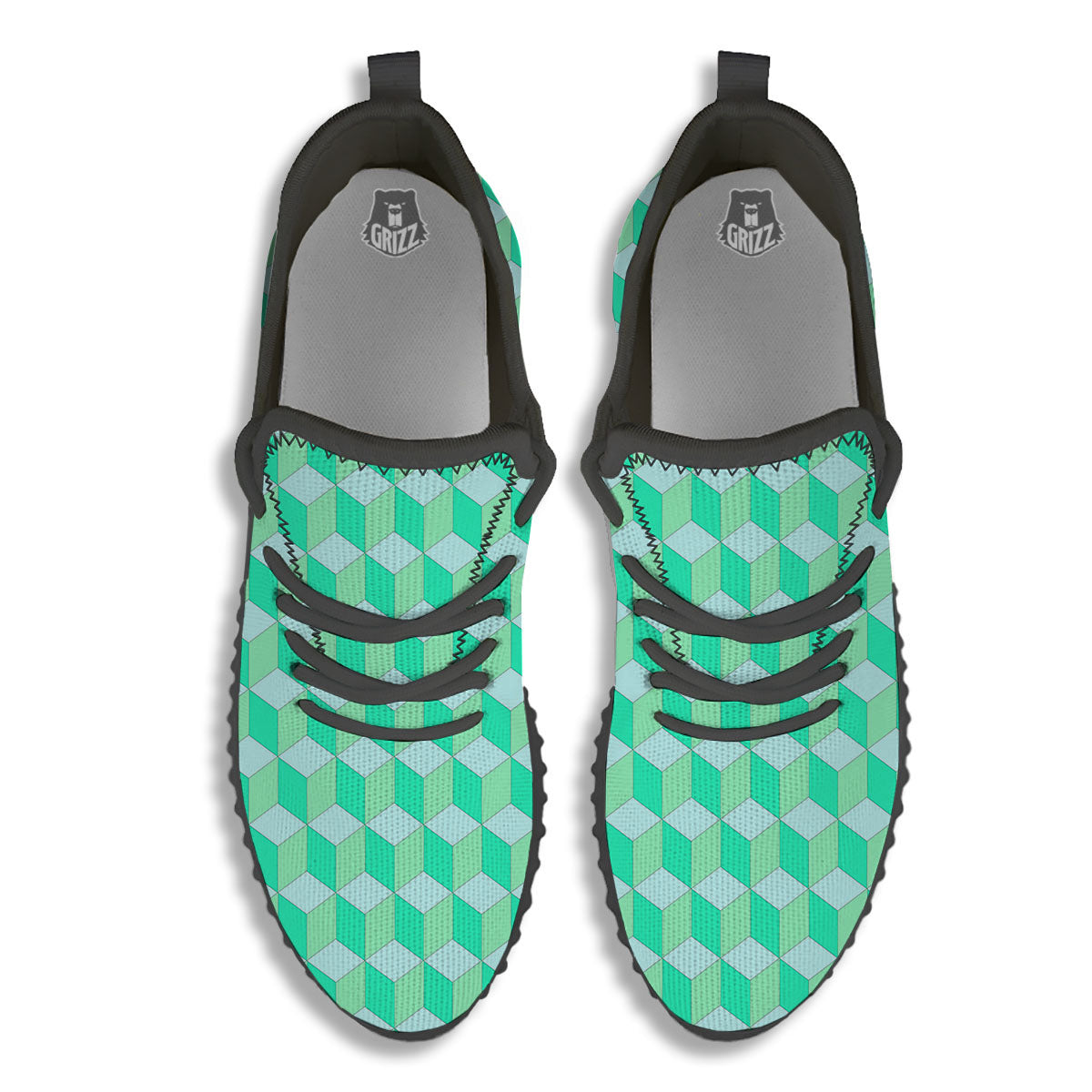 Cube Shape Green Geometric Print Pattern Black Walking Shoes-grizzshop