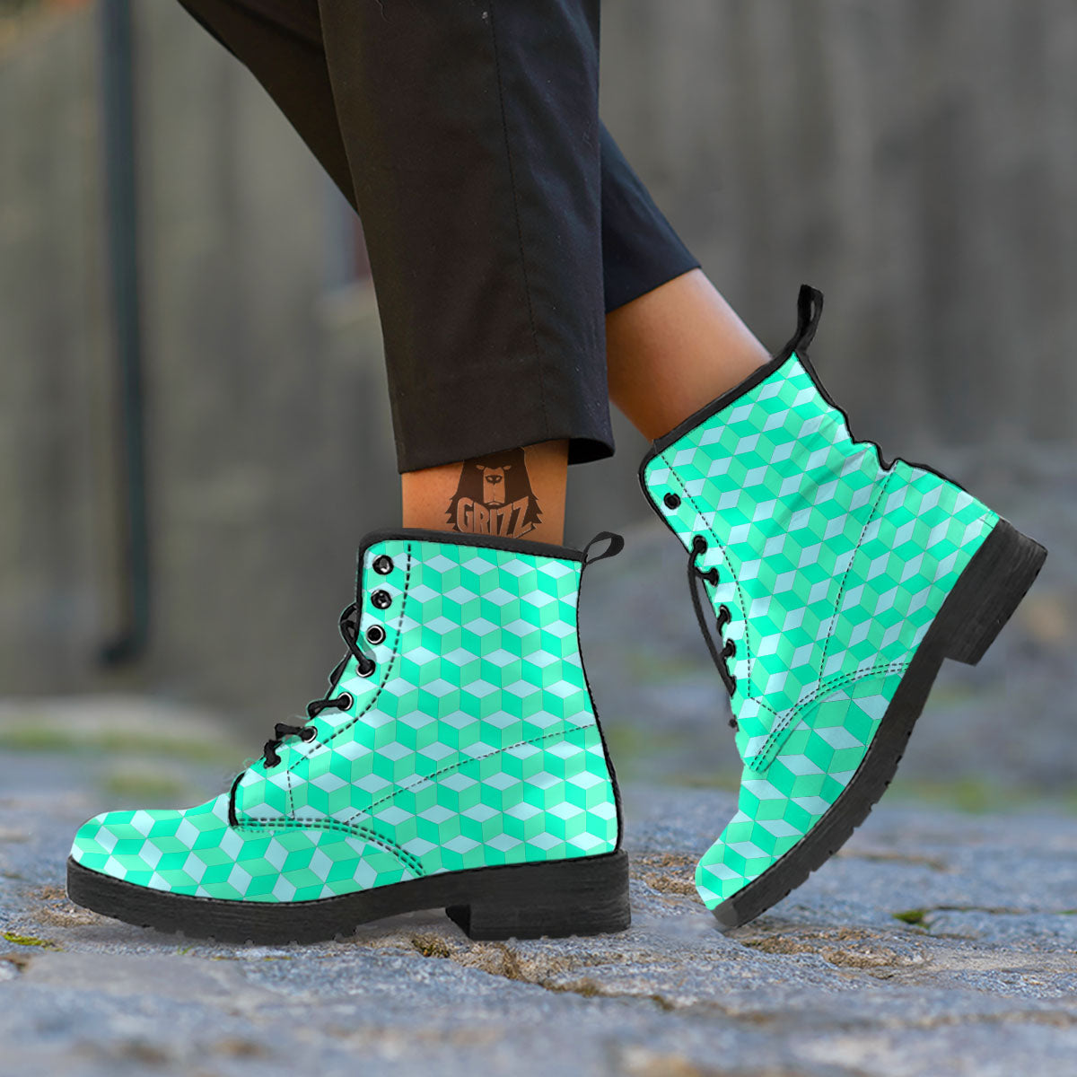 Cube Shape Green Geometric Print Pattern Leather Boots-grizzshop