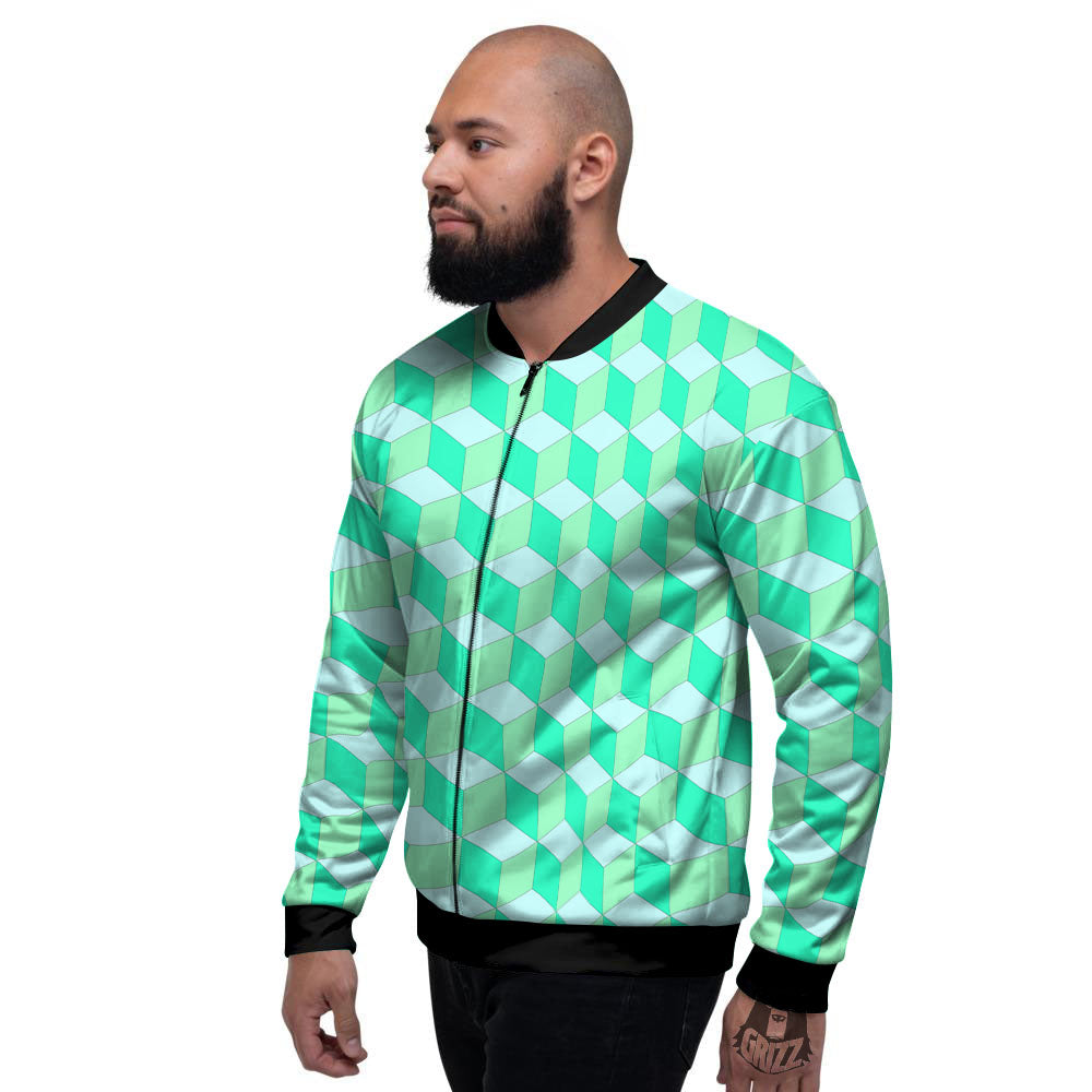 Cube Shape Green Geometric Print Pattern Men's Bomber Jacket-grizzshop