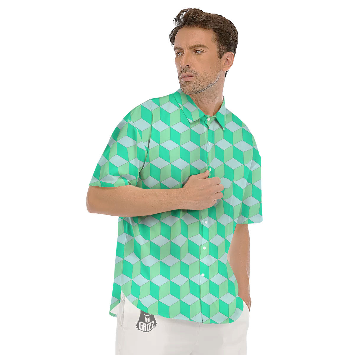 Cube Shape Green Geometric Print Pattern Men's Short Sleeve Shirts-grizzshop