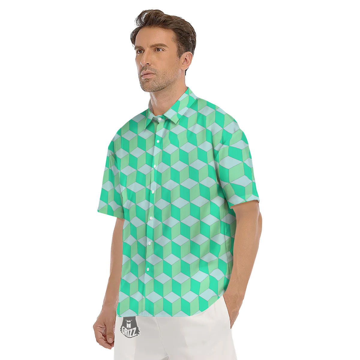 Cube Shape Green Geometric Print Pattern Men's Short Sleeve Shirts-grizzshop