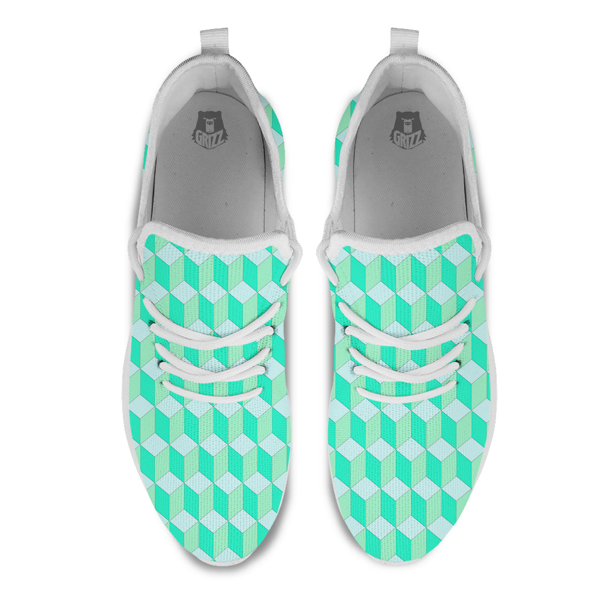 Cube Shape Green Geometric Print Pattern White Athletic Shoes-grizzshop
