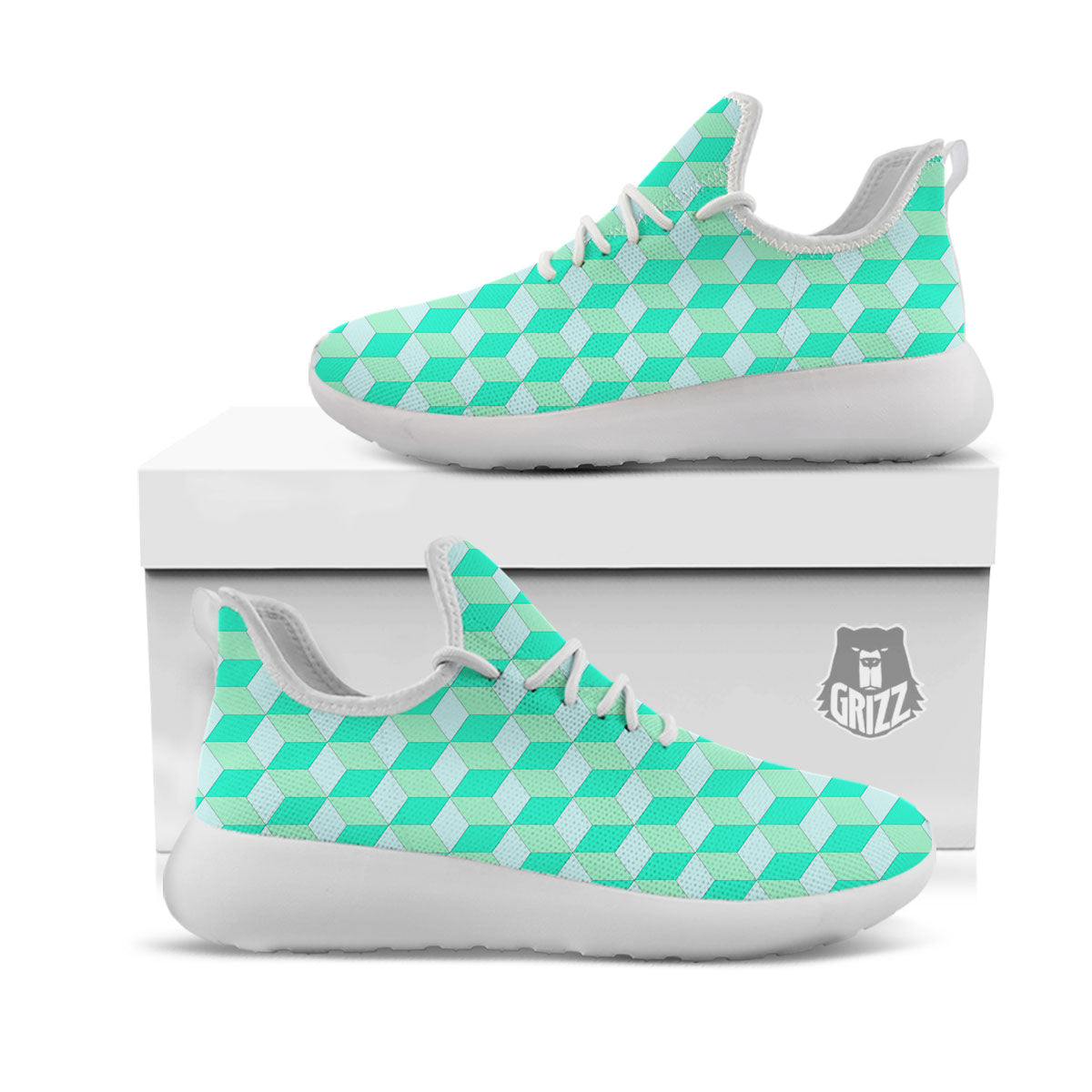 Cube Shape Green Geometric Print Pattern White Athletic Shoes-grizzshop