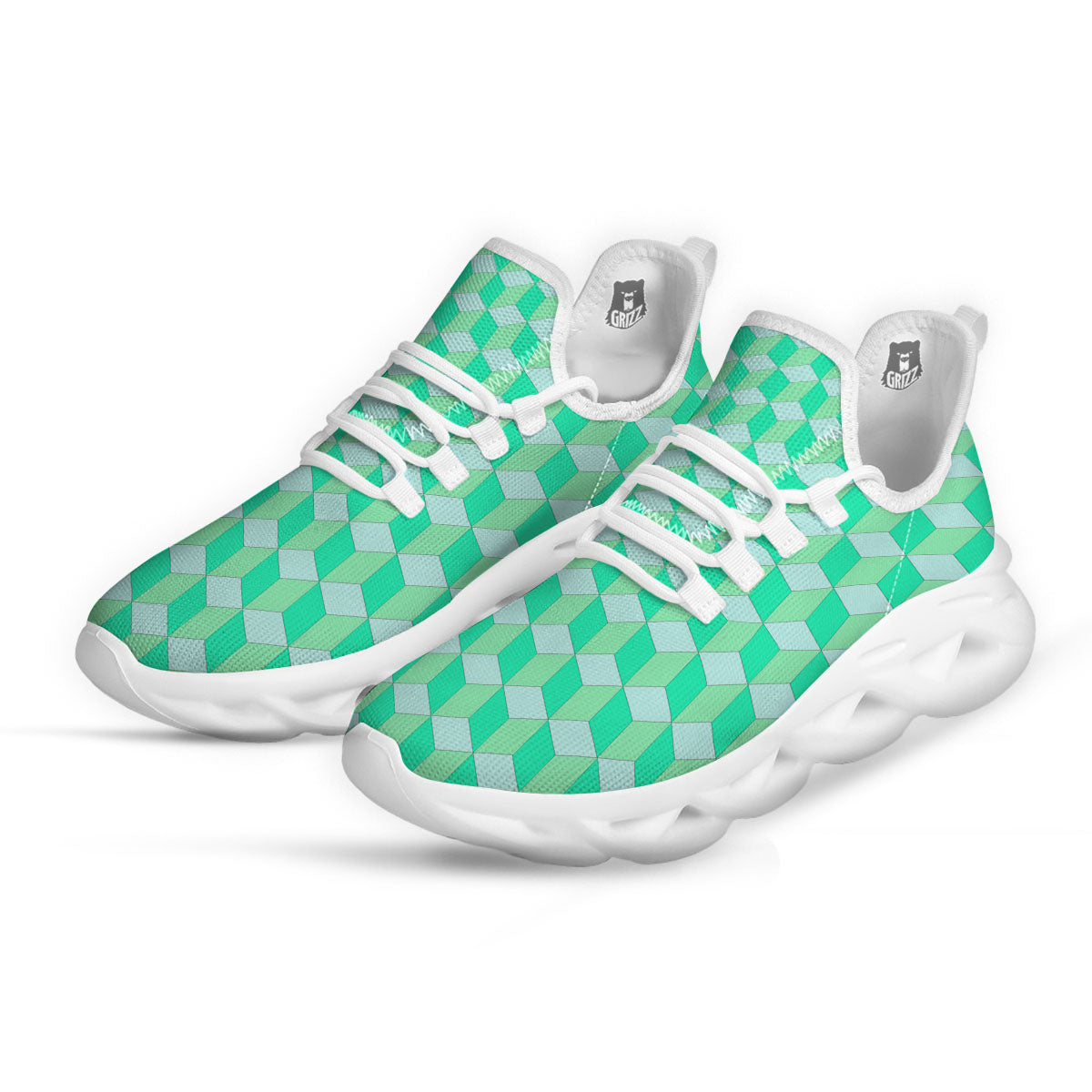 Cube Shape Green Geometric Print Pattern White Running Shoes-grizzshop