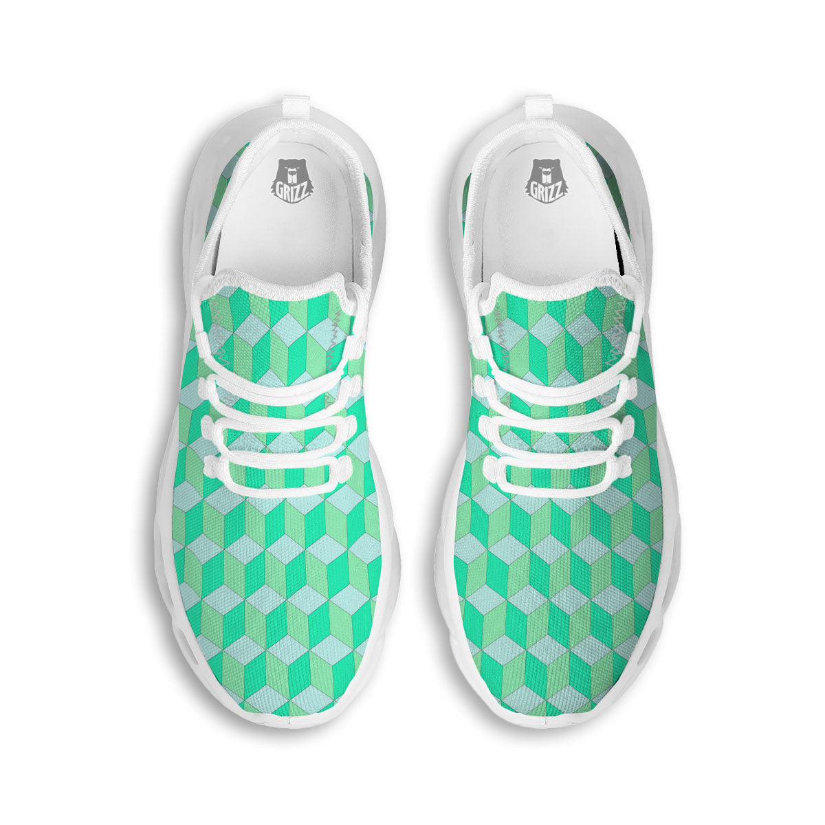 Cube Shape Green Geometric Print Pattern White Running Shoes-grizzshop