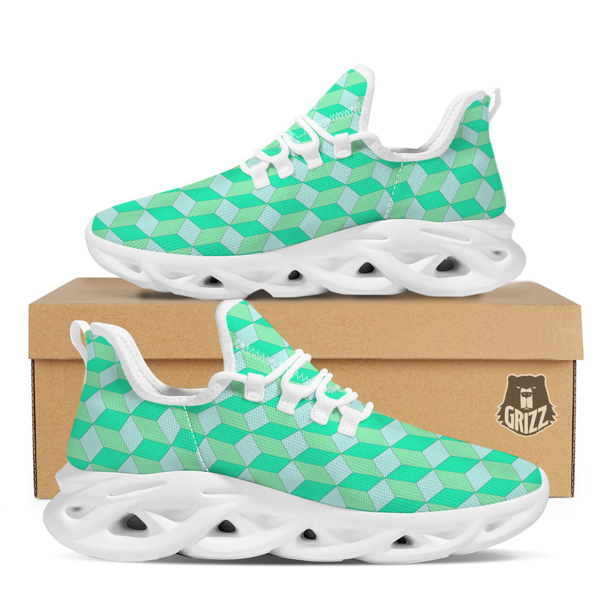 Cube Shape Green Geometric Print Pattern White Running Shoes-grizzshop