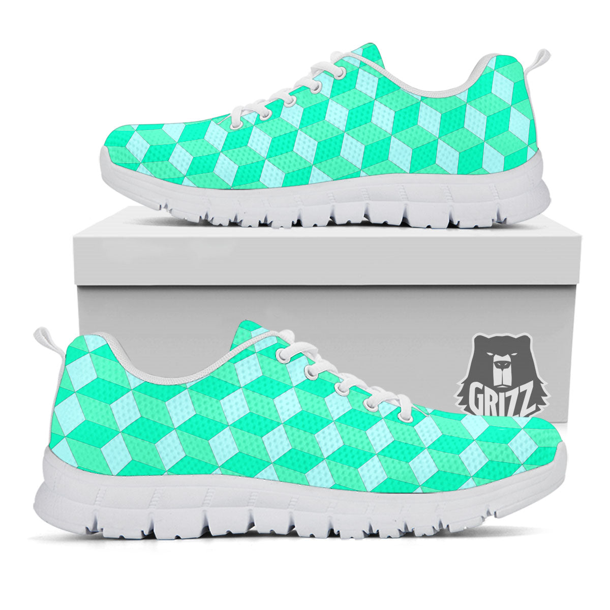 Cube Shape Green Geometric Print Pattern White Sneaker-grizzshop