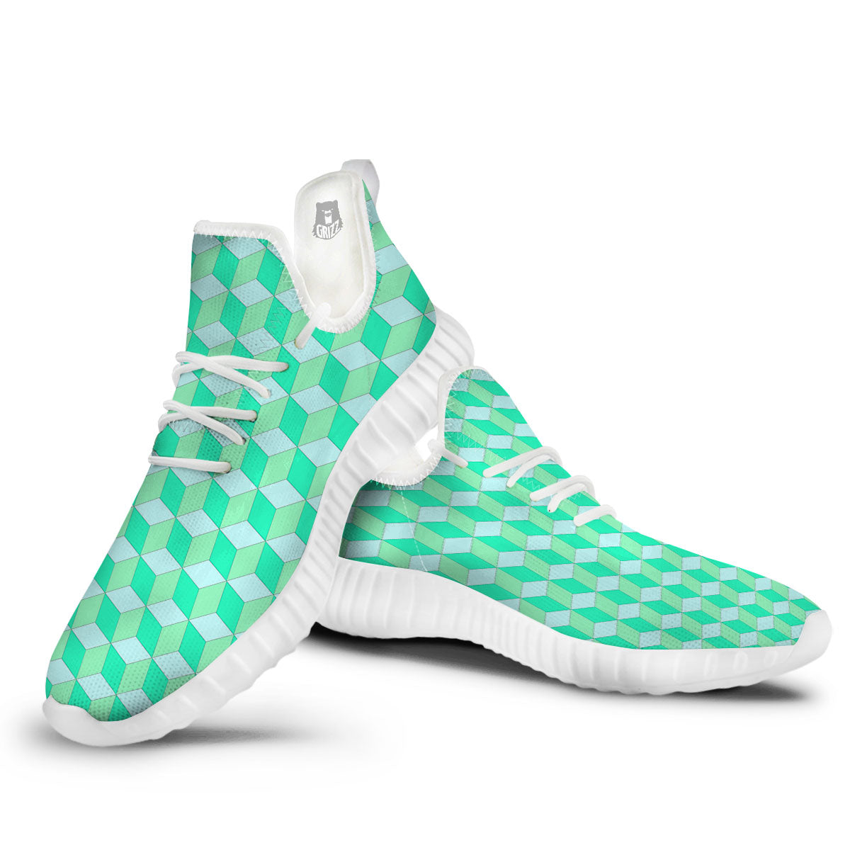 Cube Shape Green Geometric Print Pattern White Walking Shoes-grizzshop