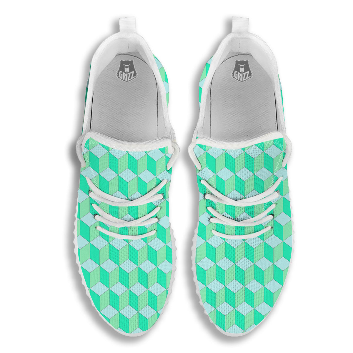 Cube Shape Green Geometric Print Pattern White Walking Shoes-grizzshop