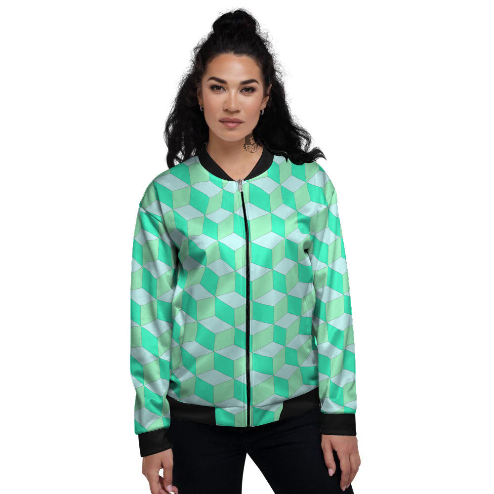 Cube Shape Green Geometric Print Pattern Women's Bomber Jacket-grizzshop