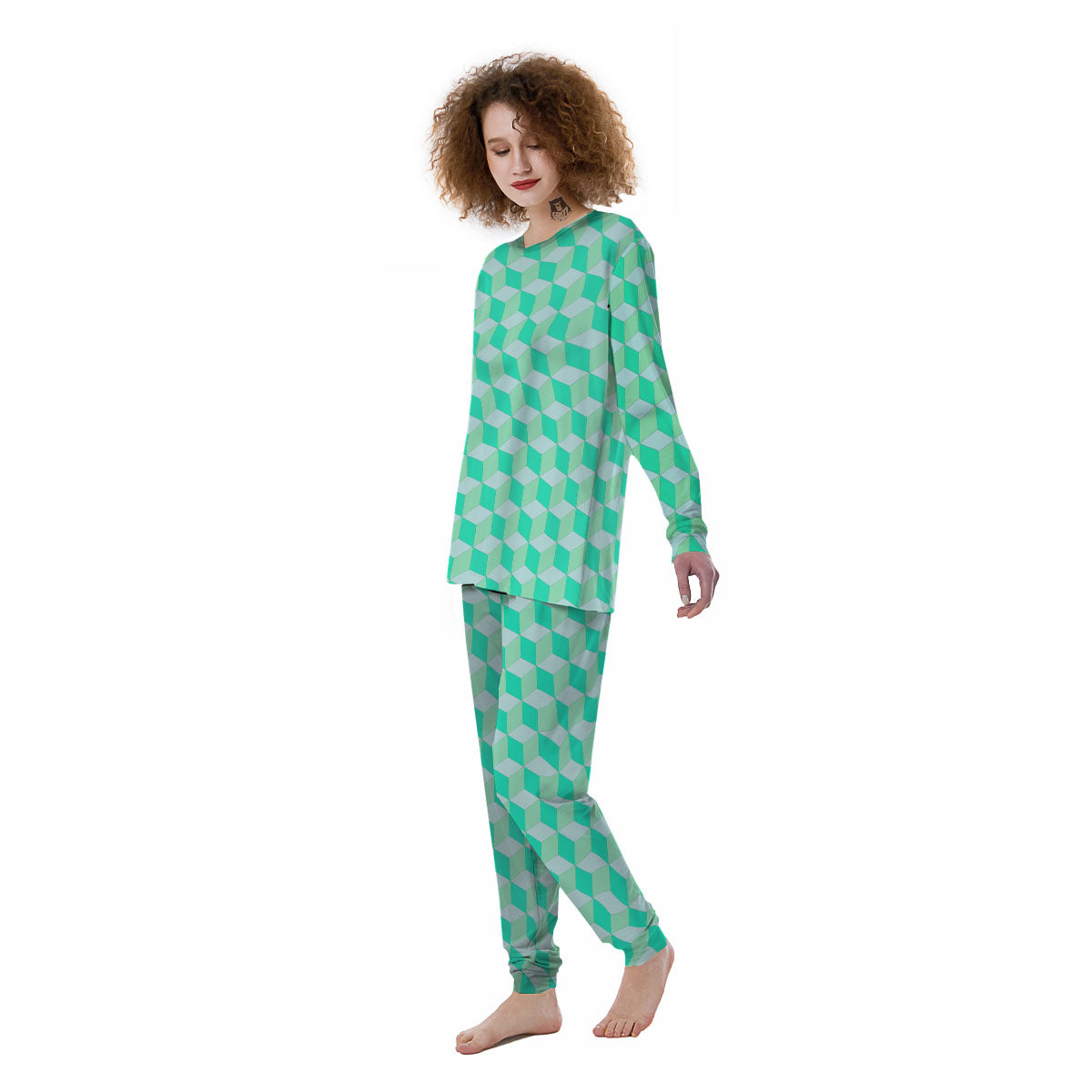 Cube Shape Green Geometric Print Pattern Women's Pajamas-grizzshop