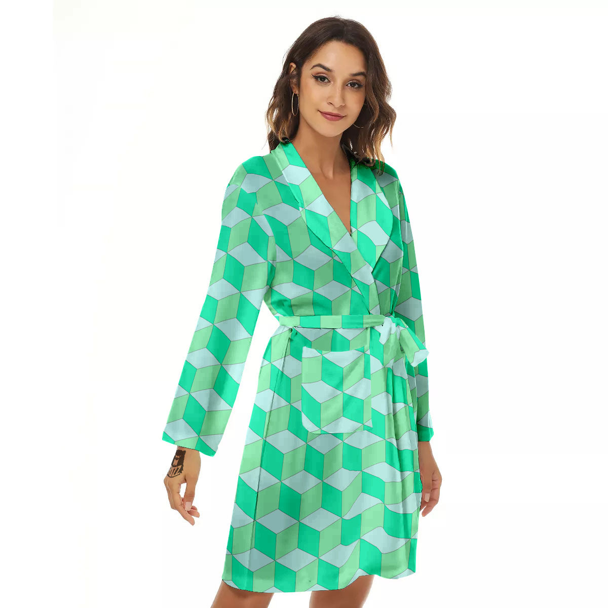 Cube Shape Green Geometric Print Pattern Women's Robe-grizzshop