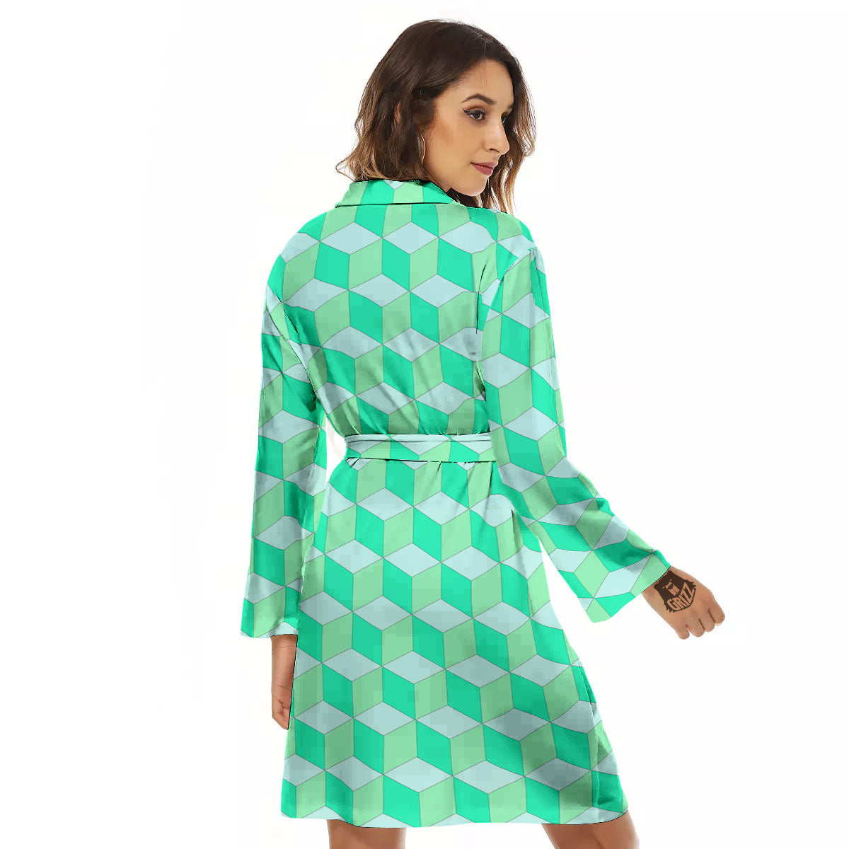 Cube Shape Green Geometric Print Pattern Women's Robe-grizzshop