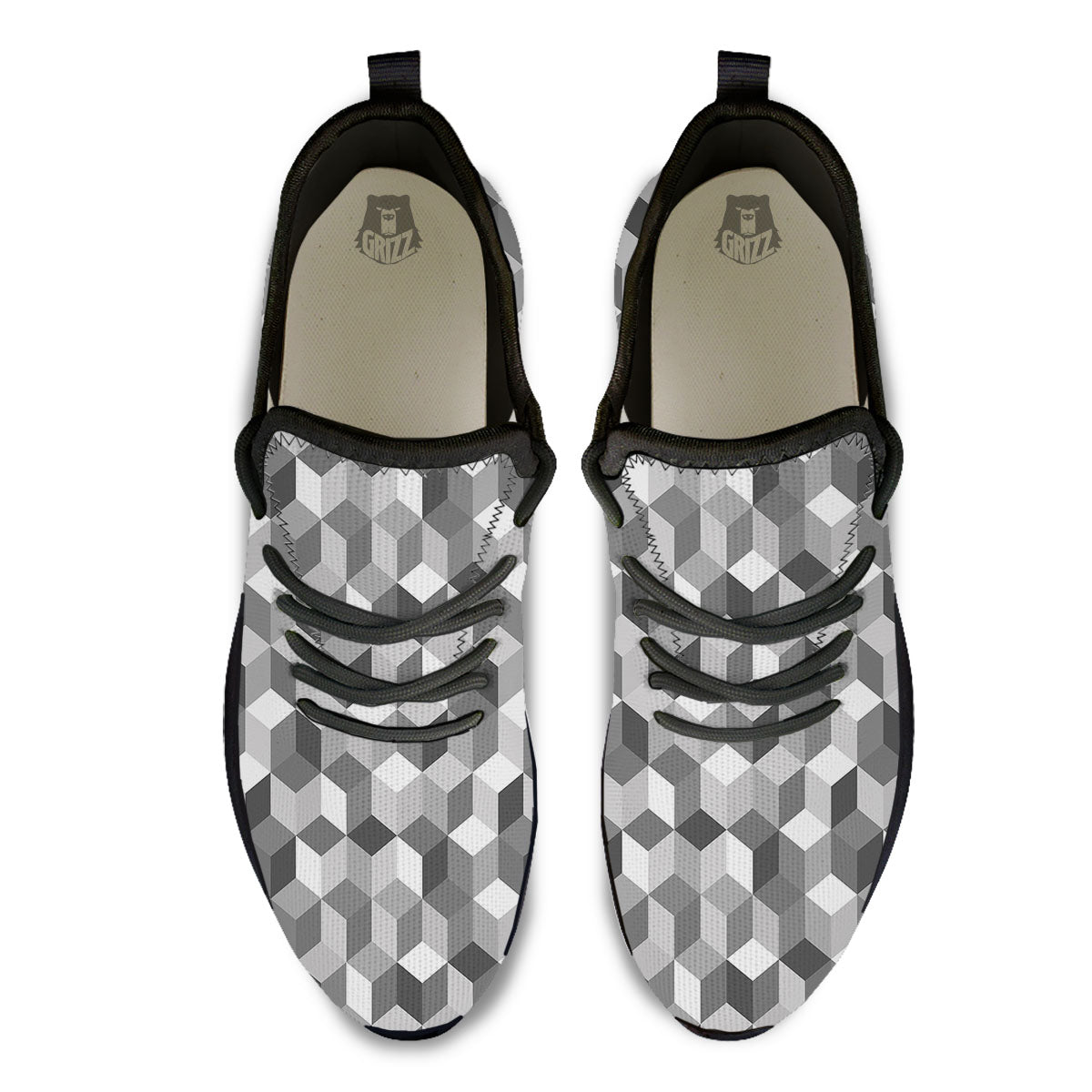 Cube Shape Grey Geometric Print Pattern Black Athletic Shoes-grizzshop
