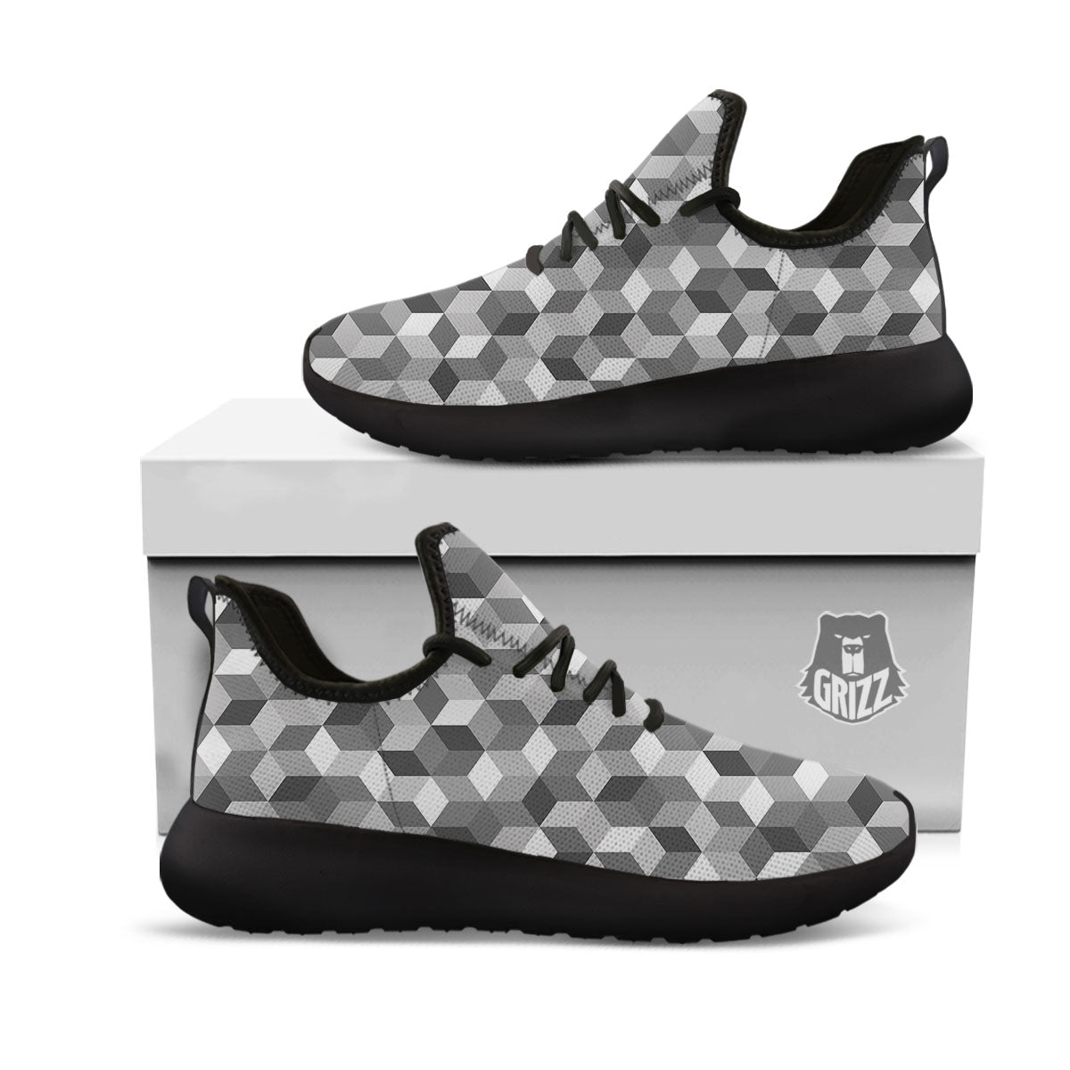 Cube Shape Grey Geometric Print Pattern Black Athletic Shoes-grizzshop