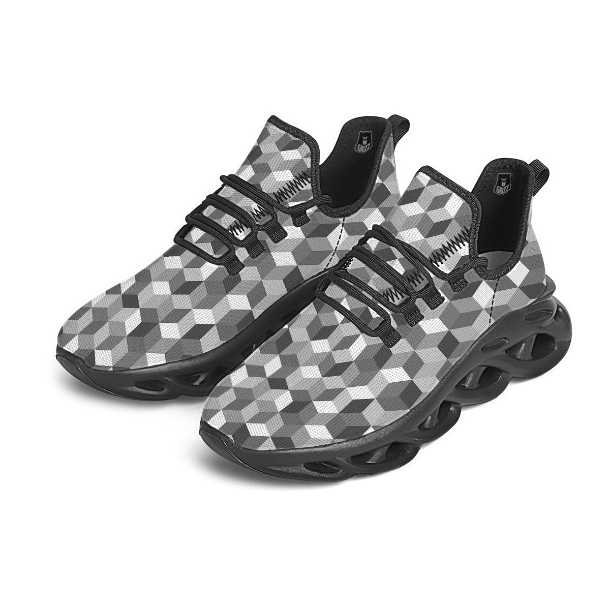 Cube Shape Grey Geometric Print Pattern Black Running Shoes-grizzshop