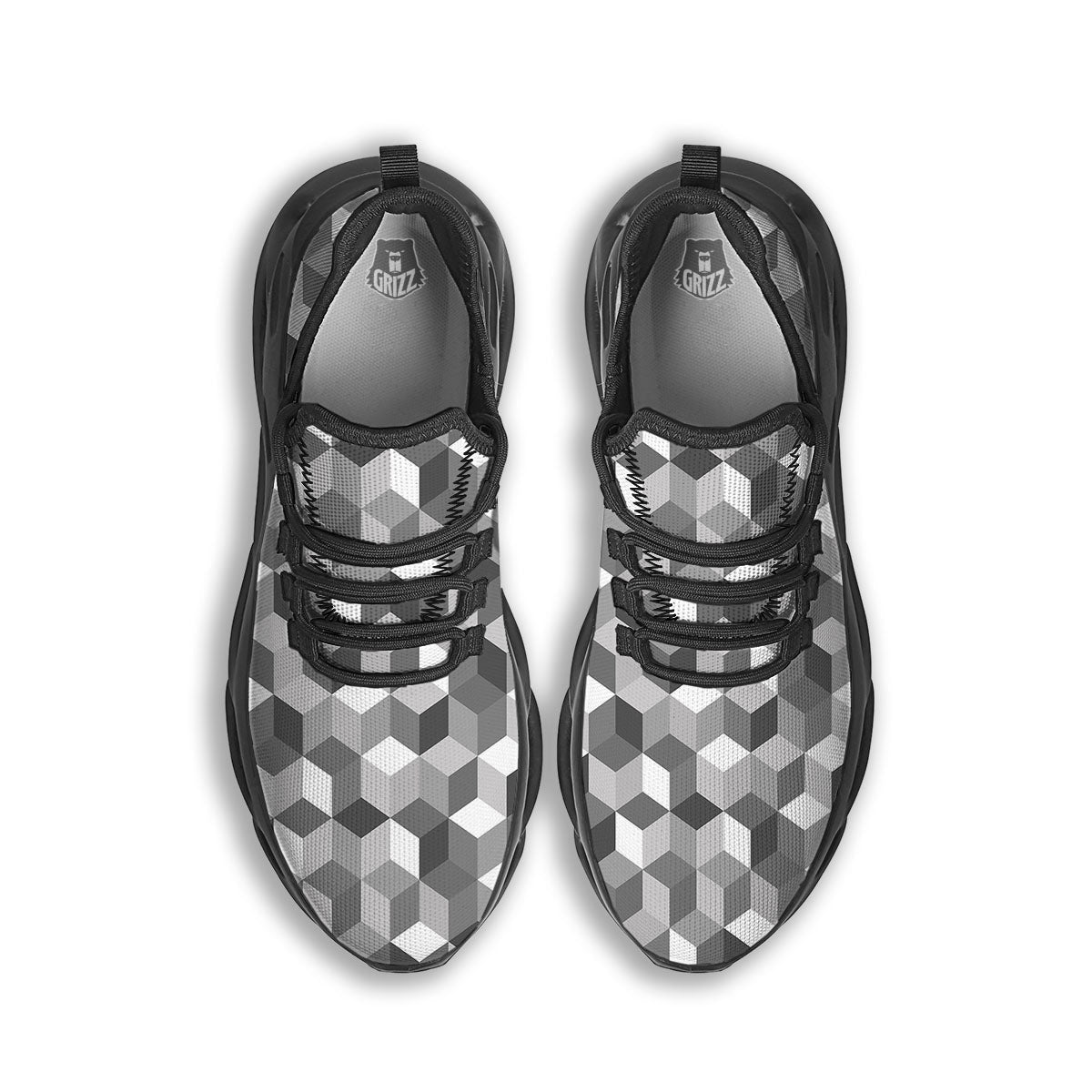 Cube Shape Grey Geometric Print Pattern Black Running Shoes-grizzshop