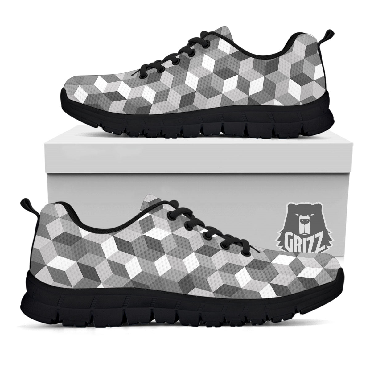 Cube Shape Grey Geometric Print Pattern Black Sneaker-grizzshop