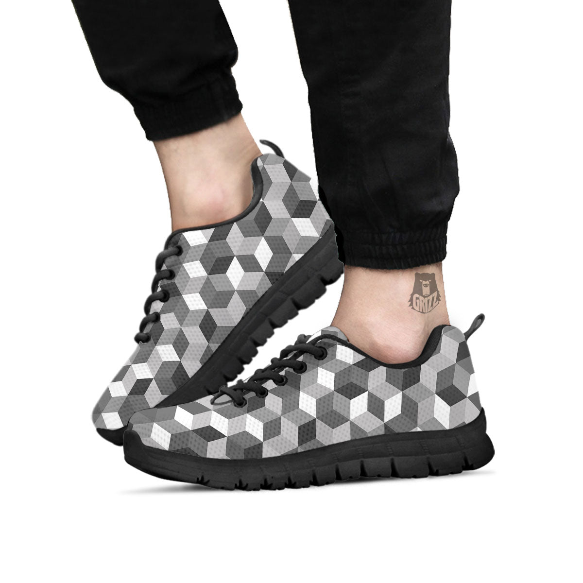 Cube Shape Grey Geometric Print Pattern Black Sneaker-grizzshop