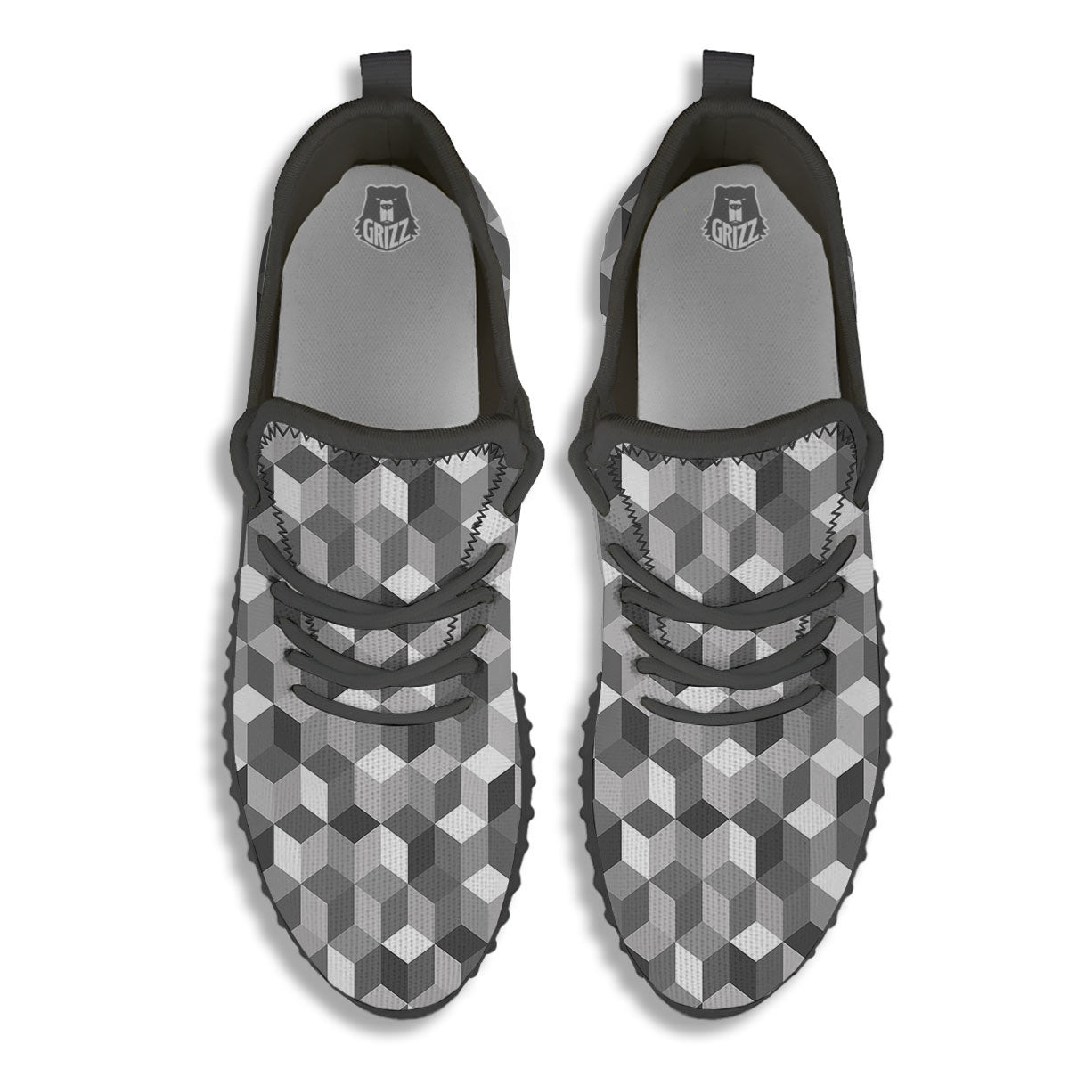 Cube Shape Grey Geometric Print Pattern Black Walking Shoes-grizzshop