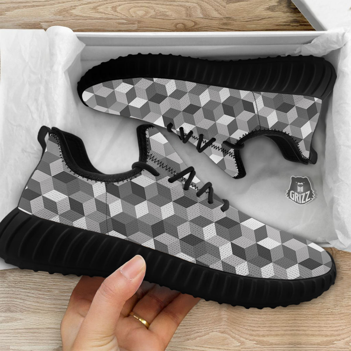 Cube Shape Grey Geometric Print Pattern Black Walking Shoes-grizzshop