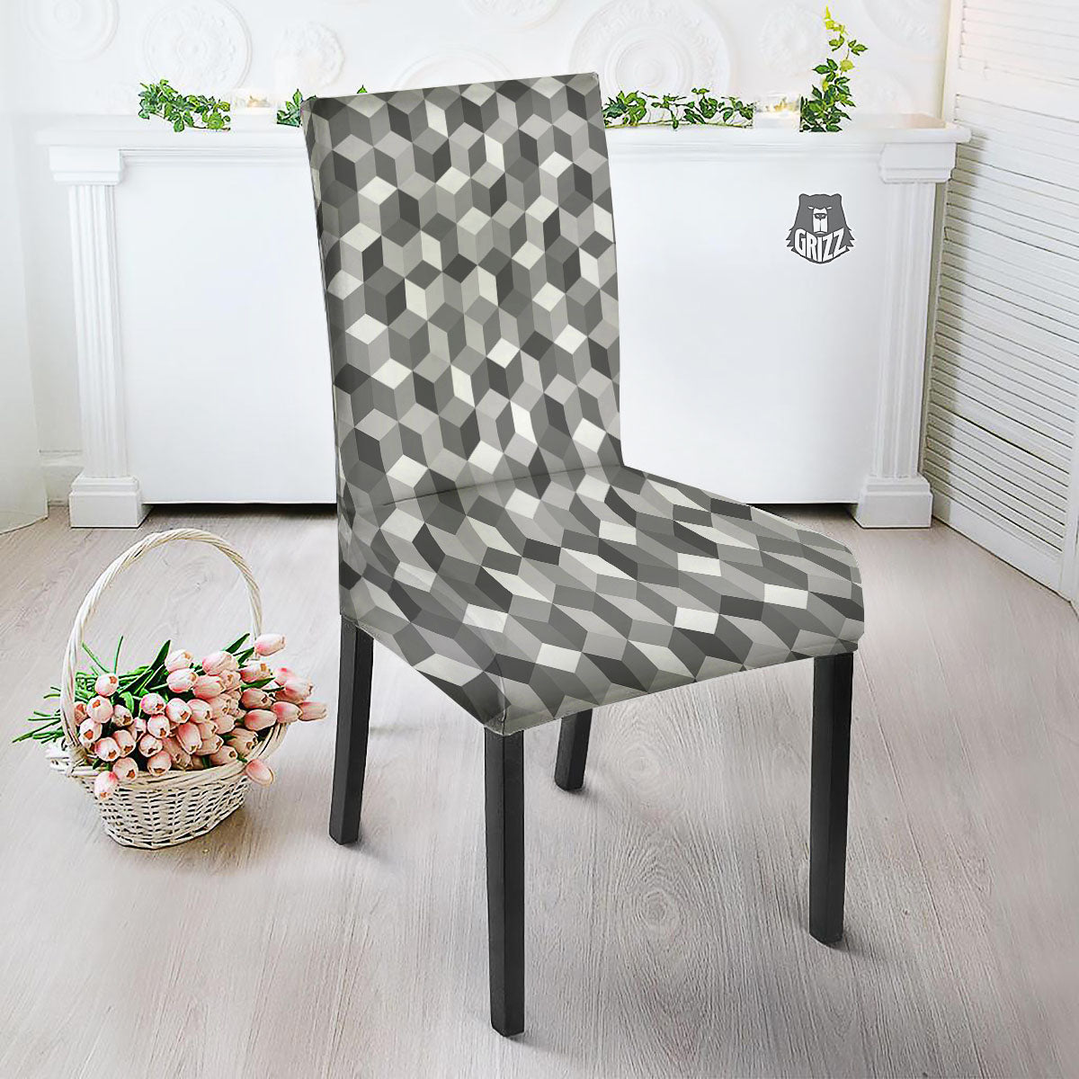 Cube Shape Grey Geometric Print Pattern Dining Chair Slipcover-grizzshop