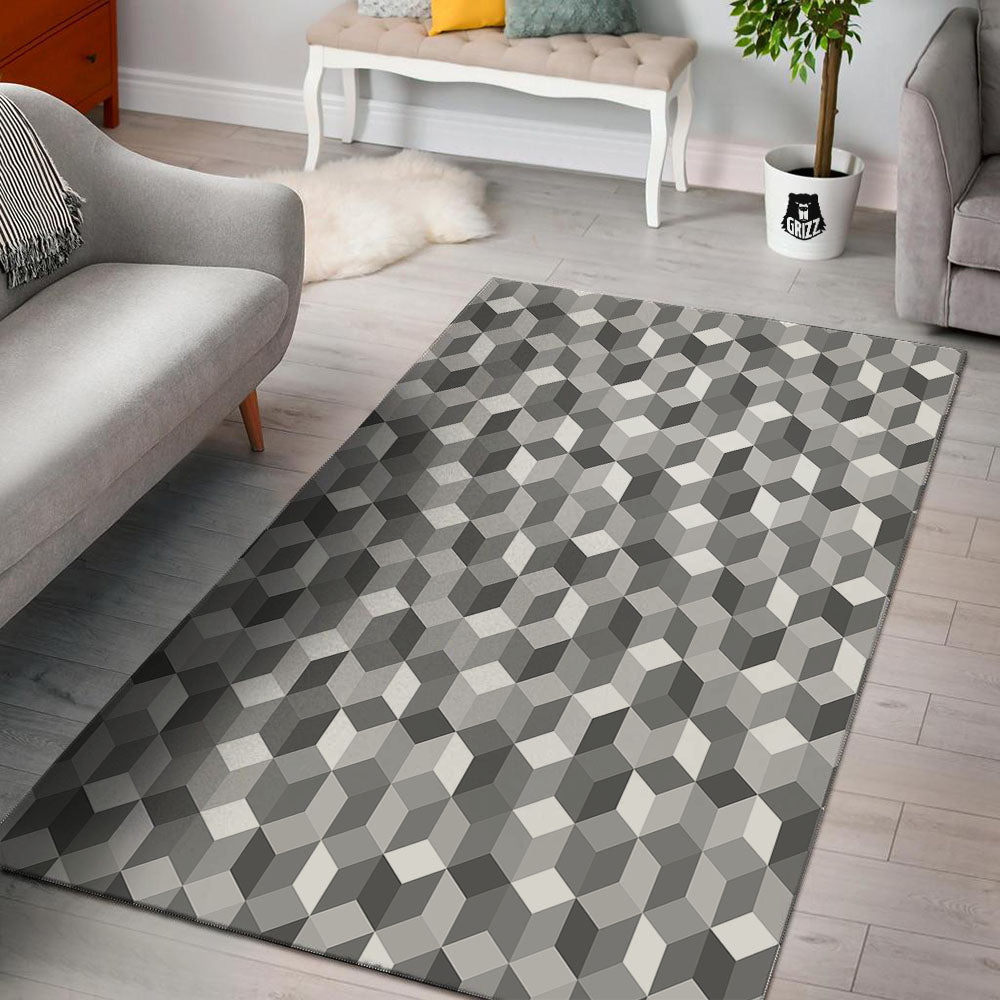 Cube Shape Grey Geometric Print Pattern Floor Mat-grizzshop