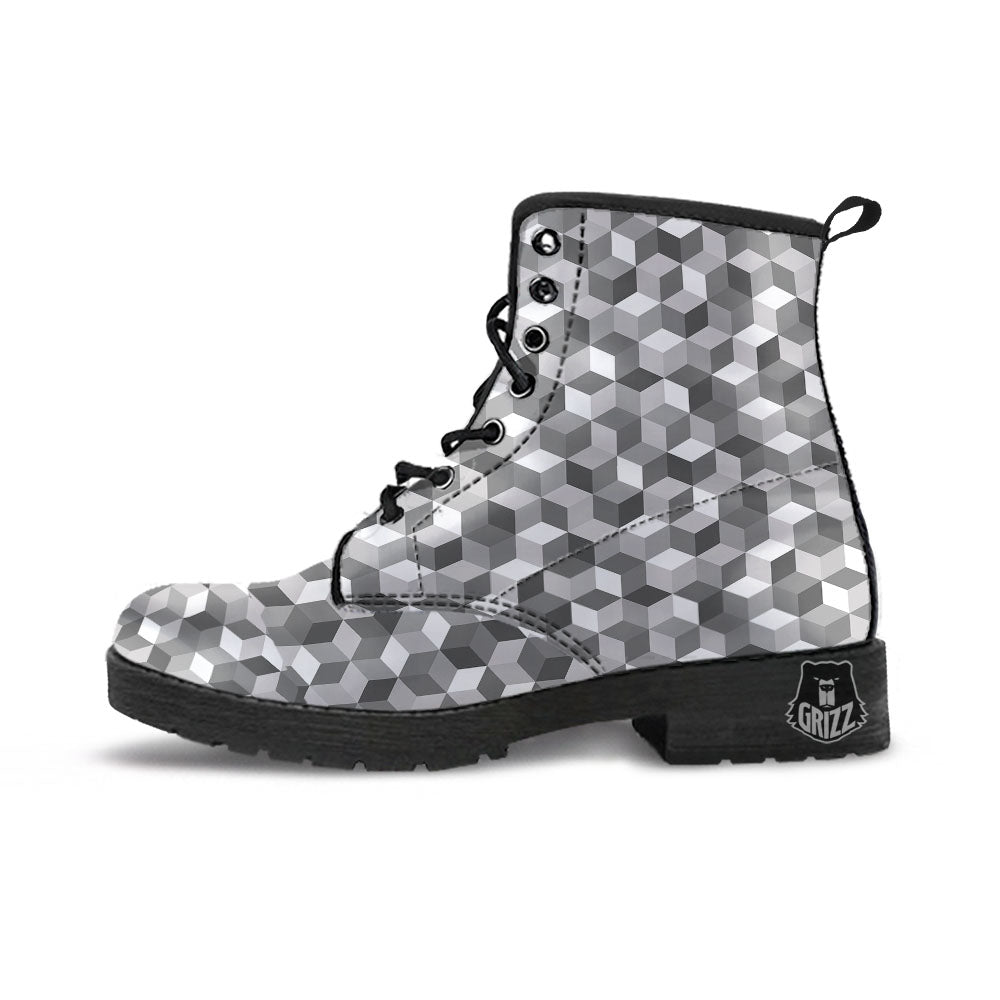 Cube Shape Grey Geometric Print Pattern Leather Boots-grizzshop