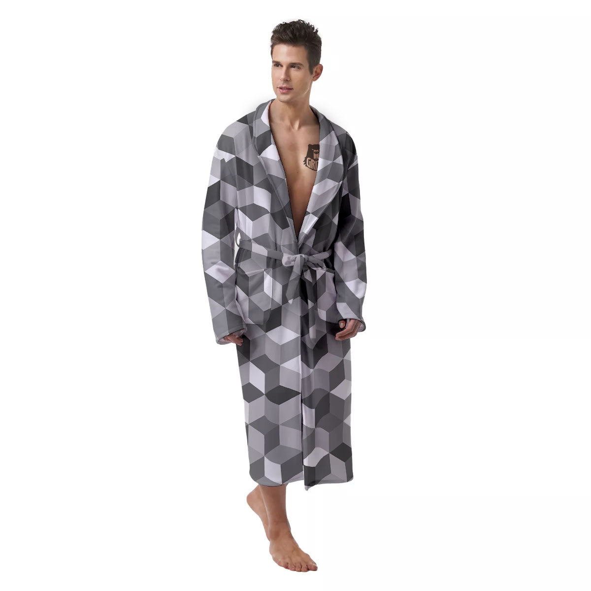 Cube Shape Grey Geometric Print Pattern Men's Robe-grizzshop