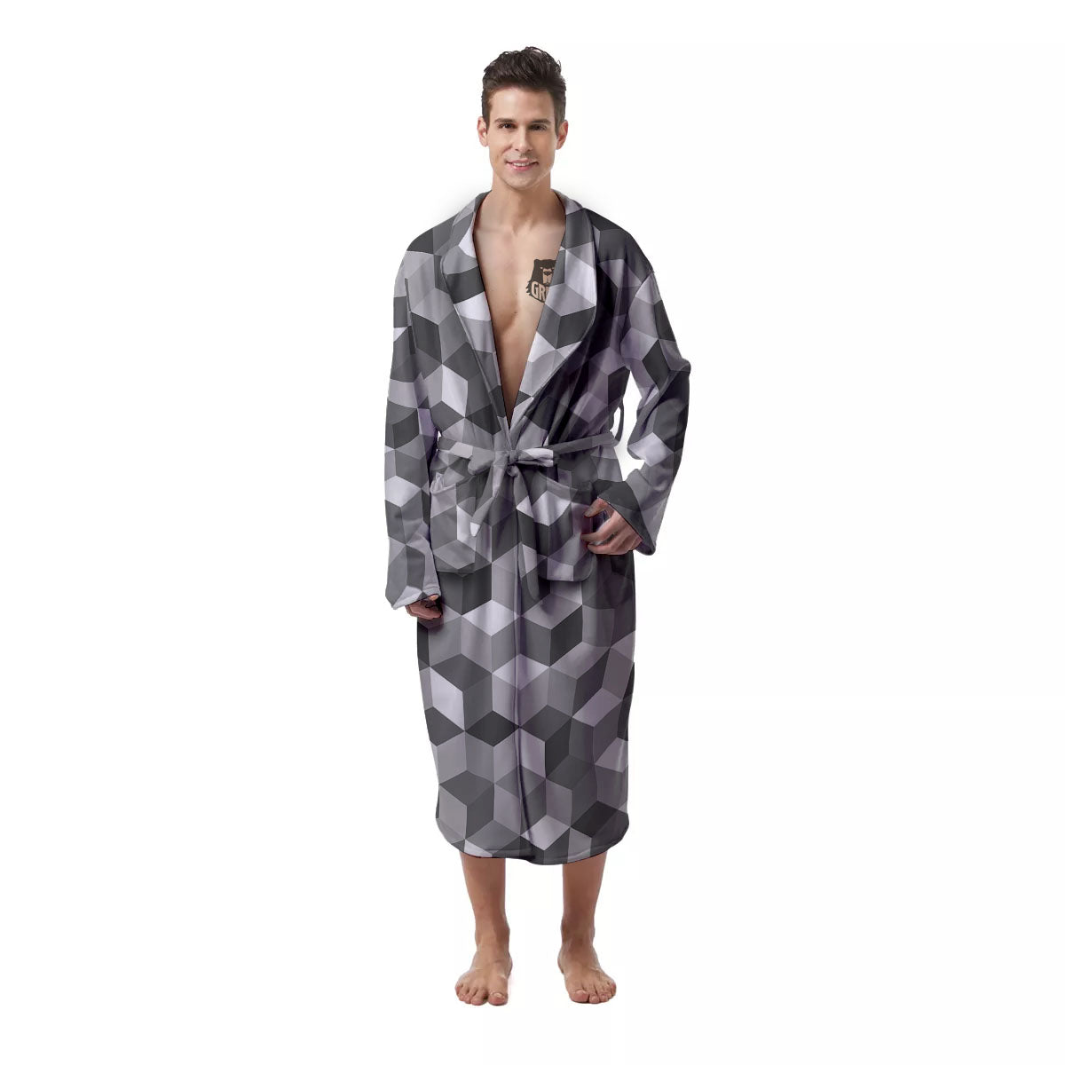 Cube Shape Grey Geometric Print Pattern Men's Robe-grizzshop