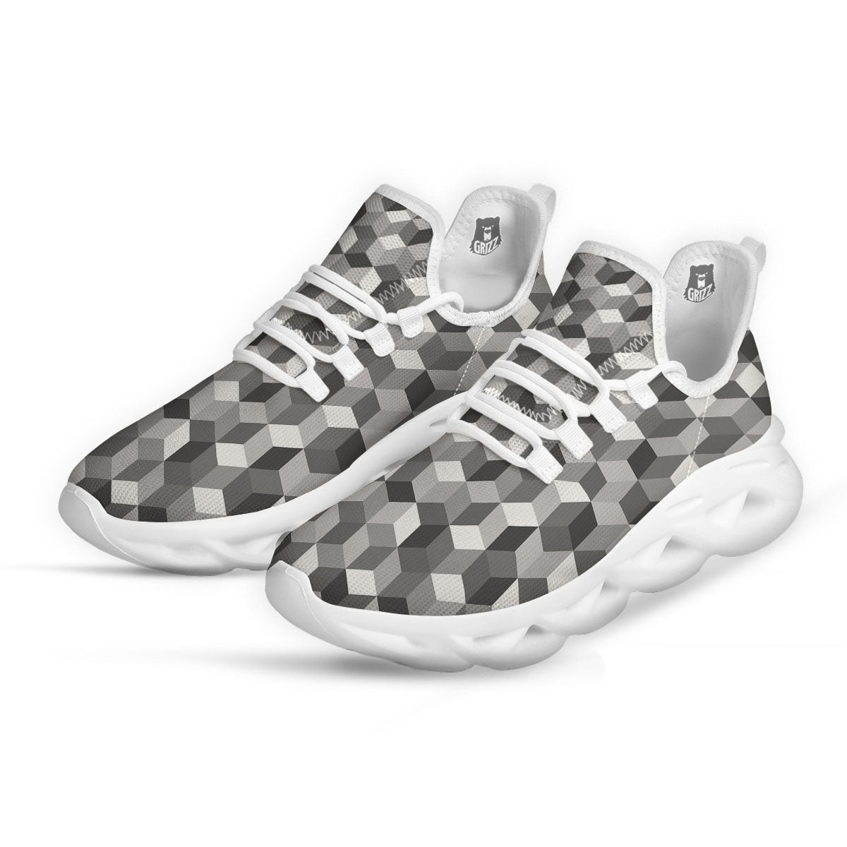 Cube Shape Grey Geometric Print Pattern White Running Shoes-grizzshop