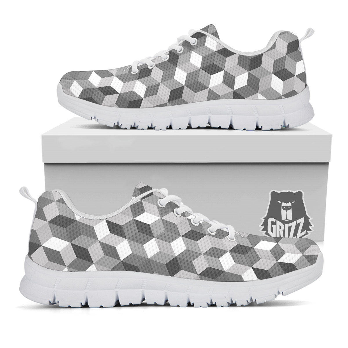 Cube Shape Grey Geometric Print Pattern White Sneaker-grizzshop