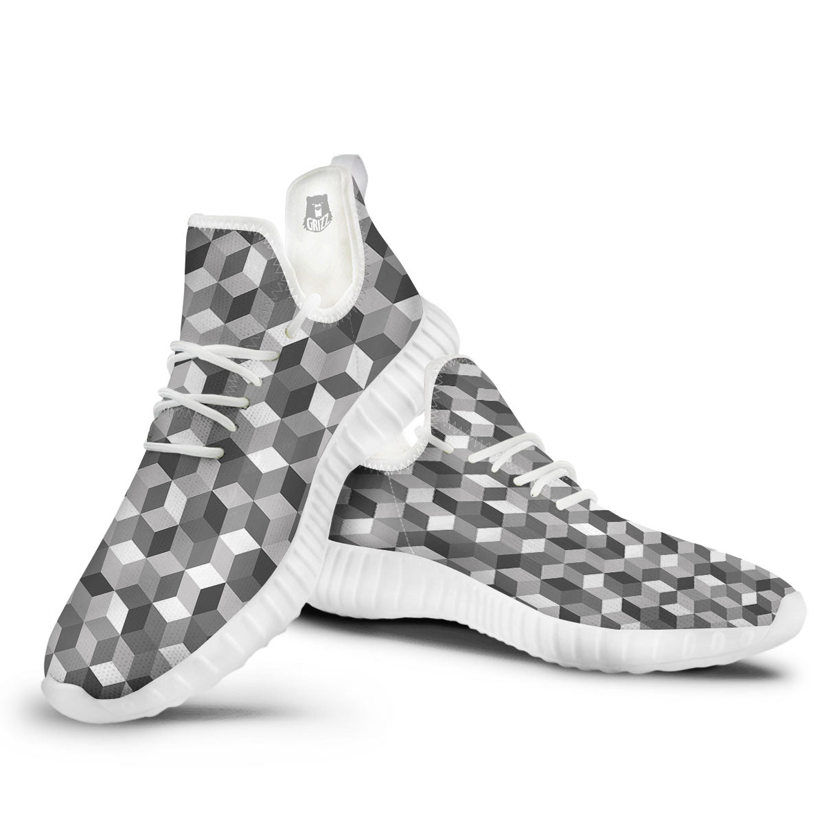 Cube Shape Grey Geometric Print Pattern White Walking Shoes-grizzshop