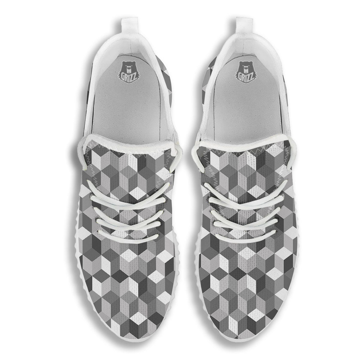 Cube Shape Grey Geometric Print Pattern White Walking Shoes-grizzshop
