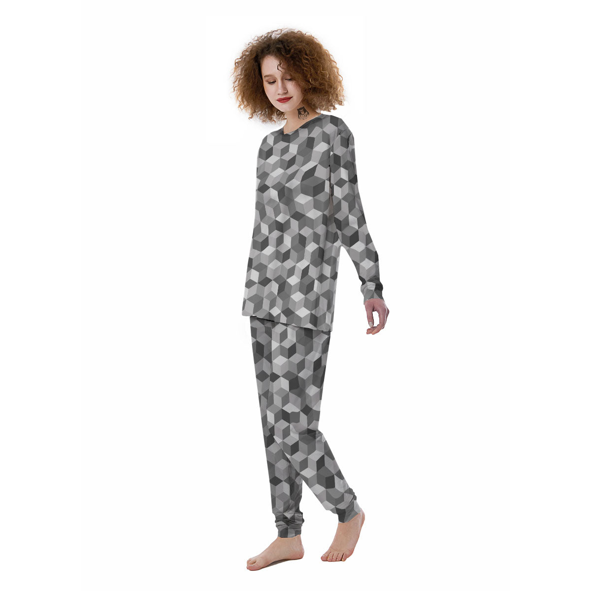 Cube Shape Grey Geometric Print Pattern Women's Pajamas-grizzshop
