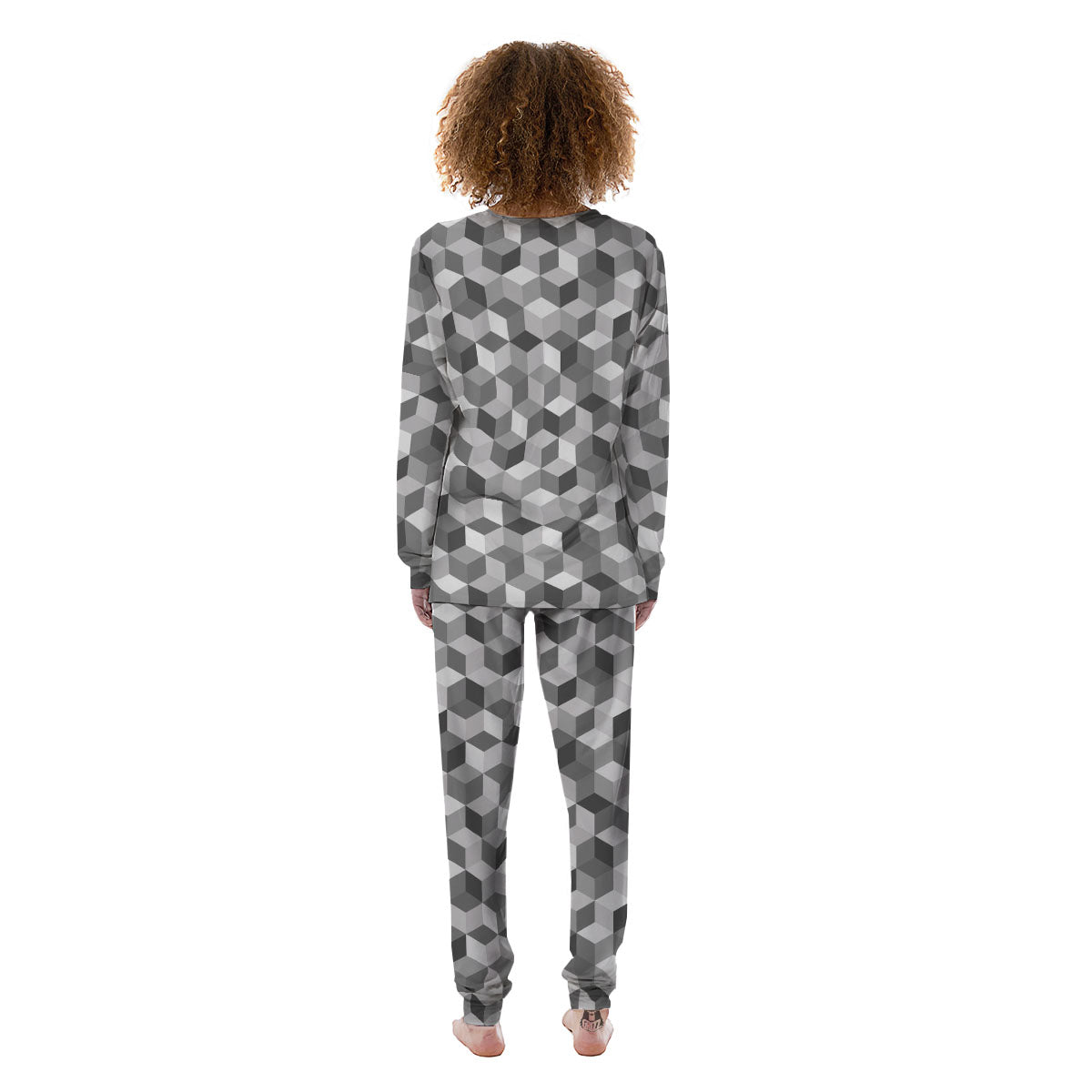Cube Shape Grey Geometric Print Pattern Women's Pajamas-grizzshop