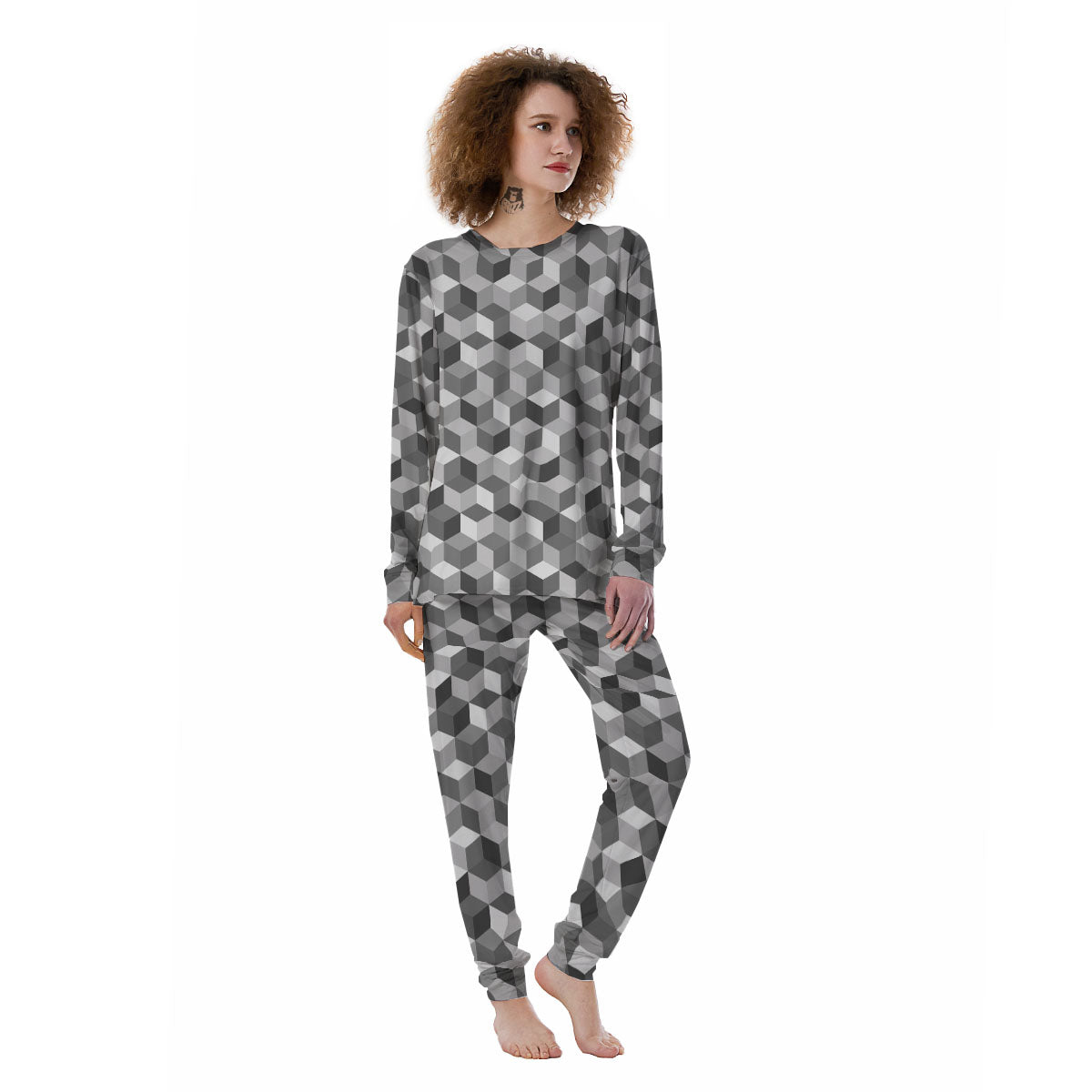 Cube Shape Grey Geometric Print Pattern Women's Pajamas-grizzshop