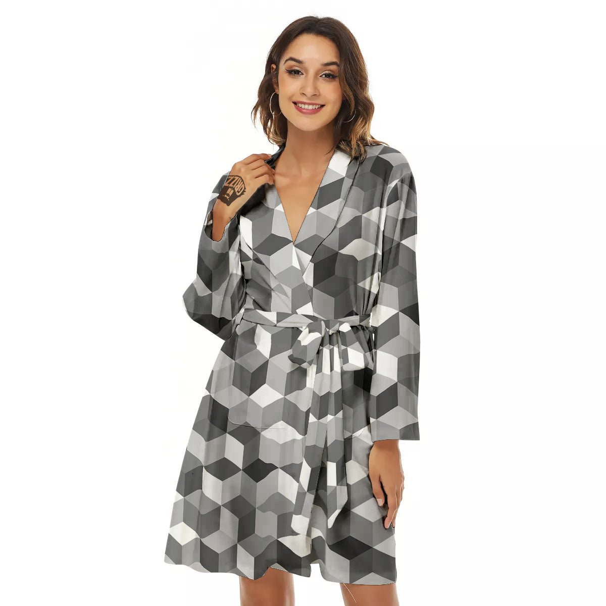 Cube Shape Grey Geometric Print Pattern Women's Robe-grizzshop